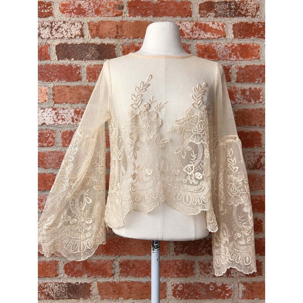 Cream Floral Embroidered Mesh Bell Sleeve Top S Layering Sheer Boho Coquette